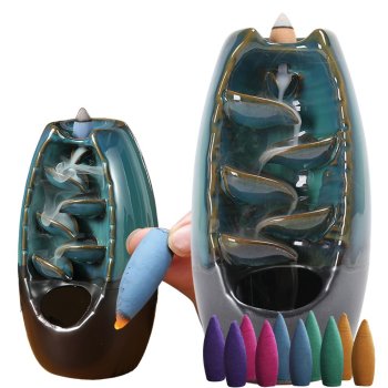 Ceramic waterfall incense burner with 10 cones, blue