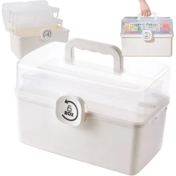 Folding Medicine Organizer and First Aid Box with Handle, White