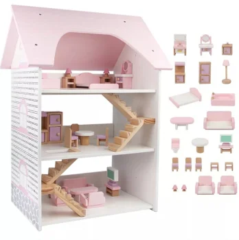 Bakalu Large Wooden Dollhouse with 3 Floors and Furniture