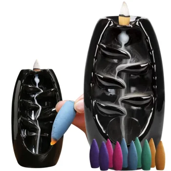 Ceramic Waterfall Incense Burner with 10 Cones, Black