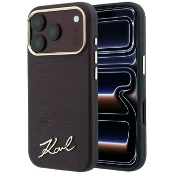 Karl Lagerfeld Saffiano Small Script Metal Logo MagSafe Case iPhone 17/18 Pro Max Burgundy