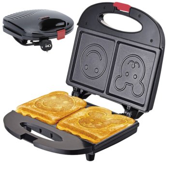 Smiley Face Sandwich Maker 750W Non-Stick Toaster for Fun Breakfasts, Black