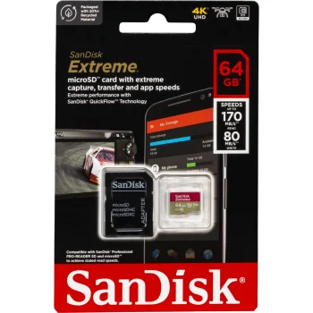 SanDisk Extreme 64GB microSDXC Memory Card A2 C10 V30 UHS-I U3