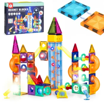 Multistore Magnetic Building Blocks with LED Lights and Marble Run, 134 Pieces