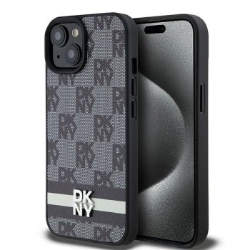 Apple iPhone 14 Plus 6.7'' DKNY Leather Checkered Mono Pattern Printed Stripes Case Cover, Black