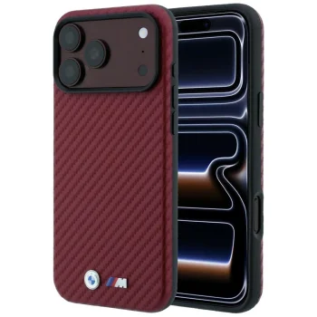 BMW M Carbon Metal Logo MagSafe Case for iPhone 17 Pro / 18 Pro - Burgundy