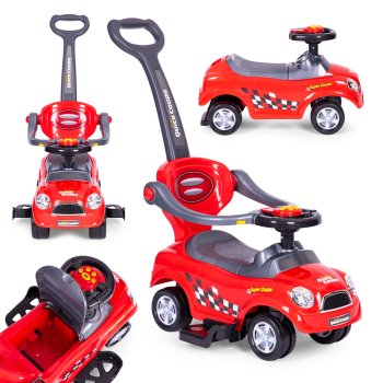 3-in-1 Ride-On Push Car with Parent Handle and Sounds, Red