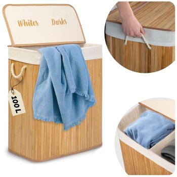 Bamboo Laundry Basket Massido 100 L – 2 Compartments with Lid