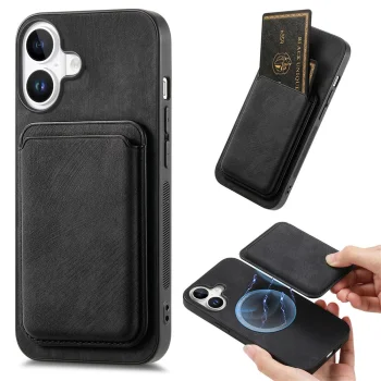 Synthetic Leather Case with Detachable Card Holder for iPhone 17 - Black