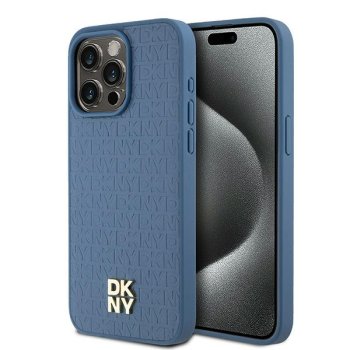 Apple iPhone 15 Pro Max 6.7'' DKNY Leather Monogram Pattern Metal Logo MagSafe Case Cover, Blue