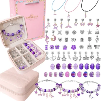 DIY Bracelet and Necklace Jewelry Making Kit with Charm Box, 66 Pieces, Purple
