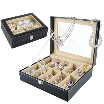 Watch and Jewelry Organizer Box, 10 Compartments, Black