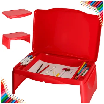 Portable Folding Car Tray for Kids with Storage Compartment, Red