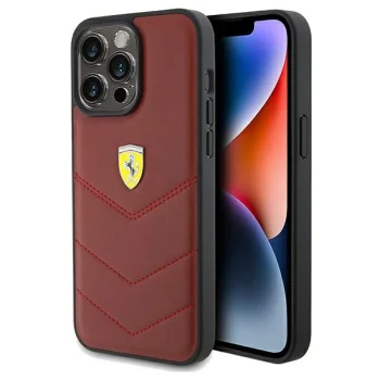 Ferrari Quilted Metal Logo Leather Case for iPhone 15 Pro Max, Red