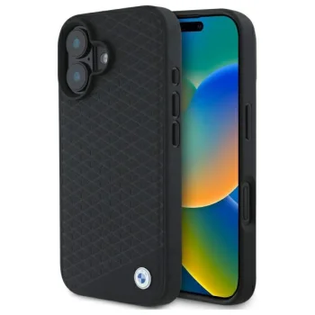 BMW iPhone 16 Case Sign Leather Diamond Metal Logo MagSafe, Black