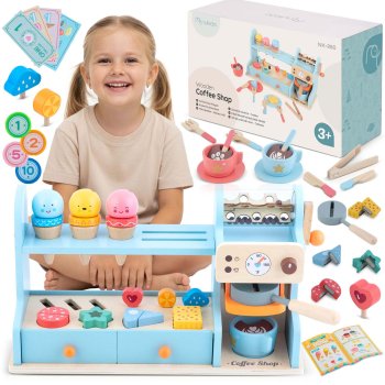Wooden Cafe Playset for Kids Nukido NK-880 Coffee Shop & Ice Cream Counter Toy