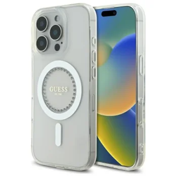 Guess IML Rhinestones MagSafe dėklas telefonui iPhone 16 Pro 6.3", Baltas