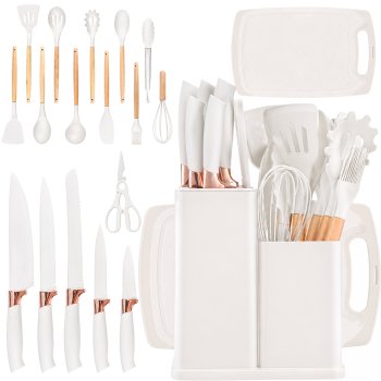 Kitchen Knife and Utensil Set with Block and Cutting Board, 19 Pieces, White