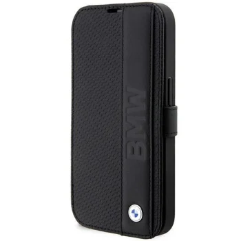 Apple iPhone 14 Pro Max 6.7'' BMW Leather Textured & Stripe Book Case Cover (BMBKP14X22RDPK), Black