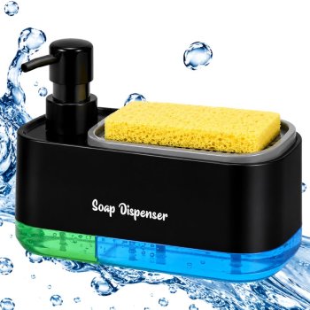 Dish Soap and Hand Soap Dispenser with Sponge, Black/Transparent