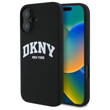 DKNY iPhone 16 Case Silicone White Printed Logo MagSafe, Black