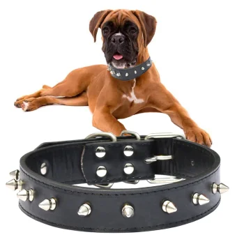 Adjustable Dog Collar with Studs, Faux Leather, Size L