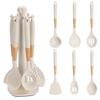 Silicone Kitchen Utensil Set with Stand, 6 Pieces, Beige