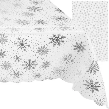Ruhhy Christmas Tablecloth with Snowflakes, 220x140 cm, White/Silver