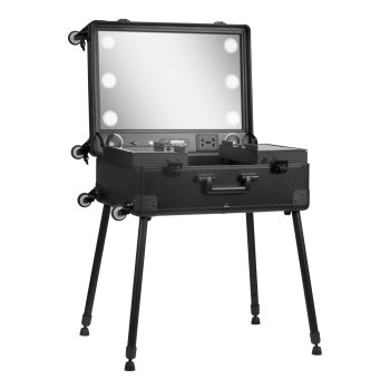 KUFER Professional Makeup Artist Table/Suitcase with Mirror, LED Lighting and Speakers, Black