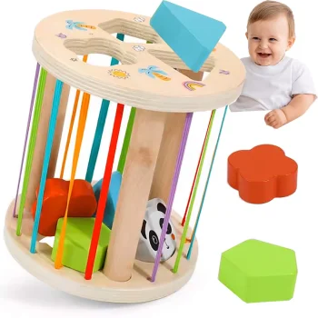 Bakalu Montessori Wooden Sensory Cube Sorter with Elastic Bands and 6 Blocks