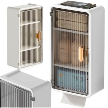 Sienas plaukts vannas istabai, 3 līmeņu, ar durtiņām un salvešu dozatoru