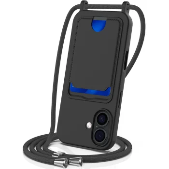 Black TPU Case with Card Holder and Lanyard for iPhone 17