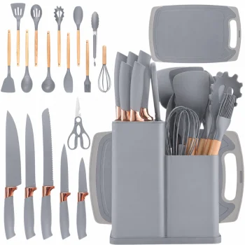 Kitchen Knife and Utensil Set with Block and Cutting Board, 19 Pieces, Grey