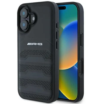Mercedes-Benz iPhone 16 Case AMG Leather Debossed Lines, Black