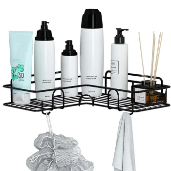 Corner Bathroom Shelf with Hooks, No Drilling, Black