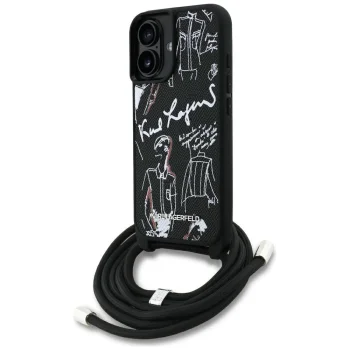 Dėklas iPhone 16 Karl Lagerfeld Crossbody Grained Pattern & Logo su virvele, juodas