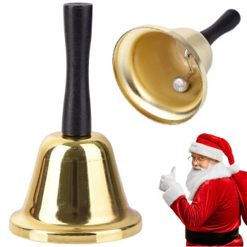 Metal Santa Claus Hand Bell with Wooden Handle, Gold