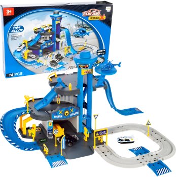 Rotaļu garāža policijas iecirknis 3 līmeņi ar liftu, 2 auto un helikopteru 74 el.