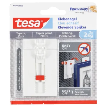 Tesa 77777 Adjustable Adhesive Nail for Wallpaper & Plaster 2kg, 2 Pack, White
