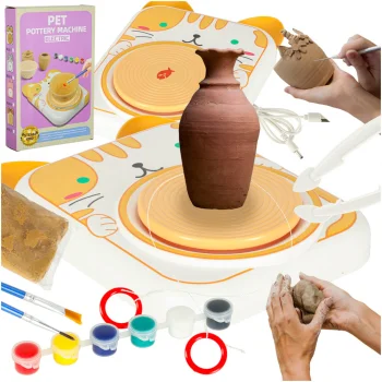 Children's Pottery Wheel Creative Set with Clay and Paints Kitten, Yellow