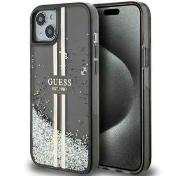 Apple iPhone 15 6.1'' Guess Liquid Glitter Gold Stripes Case Cover, Black