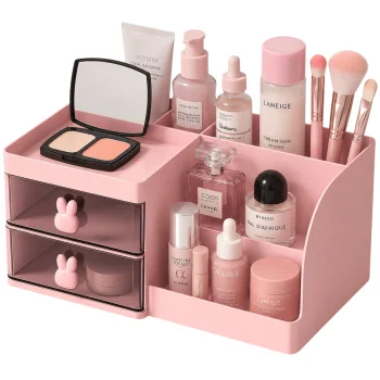 Pink Desk Organizer with Drawers for Cosmetics and Stationery