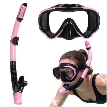 Panoramic Snorkeling Mask and Dry Top Snorkel Set, pink-black