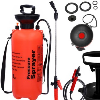 Hand pressure garden sprayer with long lance, 8L, shoulder strap, orange