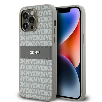 DKNY iPhone 14 Pro Max Case Leather Mono Stripe & Metal Logo, Beige