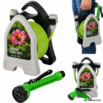 Garden Hose on Reel with Spray Gun and Quick Connectors, 10m