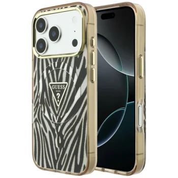 Guess IML Zebra Glitter Triangle Logo MagSafe Case for iPhone 17/18 Pro Max - Gold