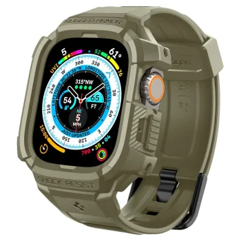 Apsauginis dėklas su dirželiu Spigen Rugged Armor Pro, Apple Watch Ultra (49 mm), žalias