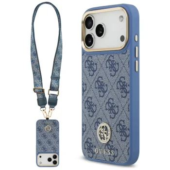 Guess 4G Strass Logo & Big Strap Metal Buttons MagSafe Phone Case Cover iPhone 17 Pro Max - Blue