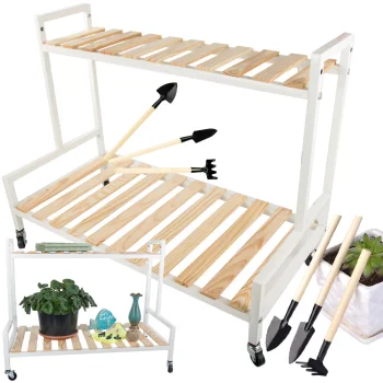 Two-Tier Wooden Plant Stand on Wheels, White / Natural Wood